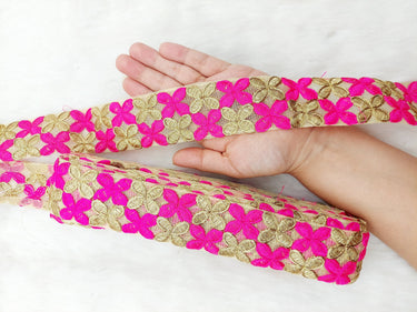Beige Net Fabric Trim With Gold Embroidery, Floral Embroidery, Available in 6 Colours